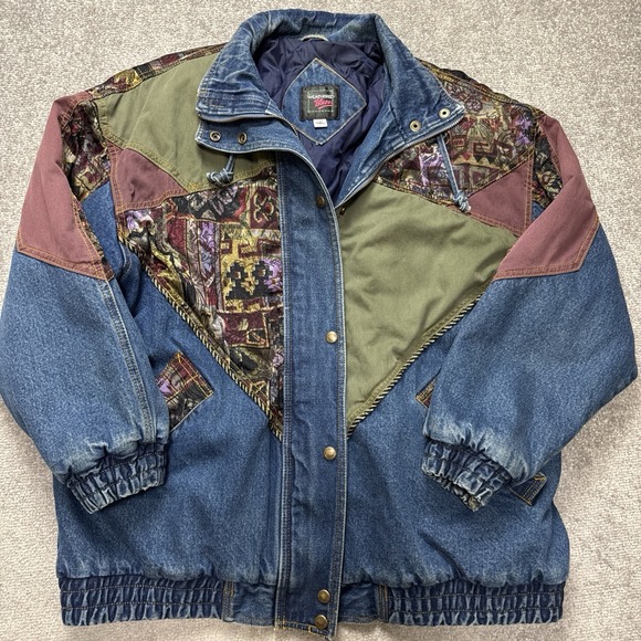 Weathered Blues Jackets & Blazers - Vintage 80's 90's Women's Large Denim Bomber Jacket Patchwork Geometric Retro
